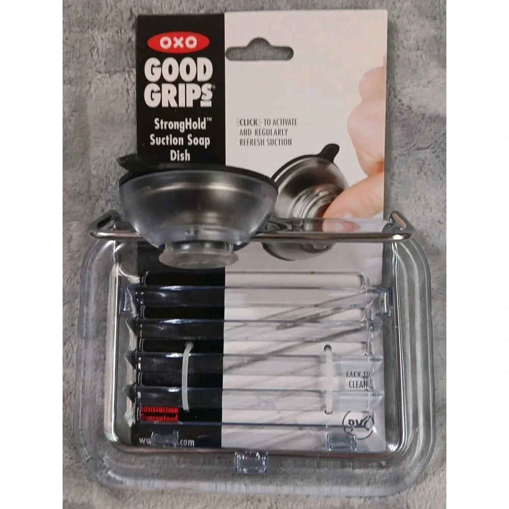 OXO Stronghold Suction Soap Dish Stainless Steel Plastic Shower Caddy Clear